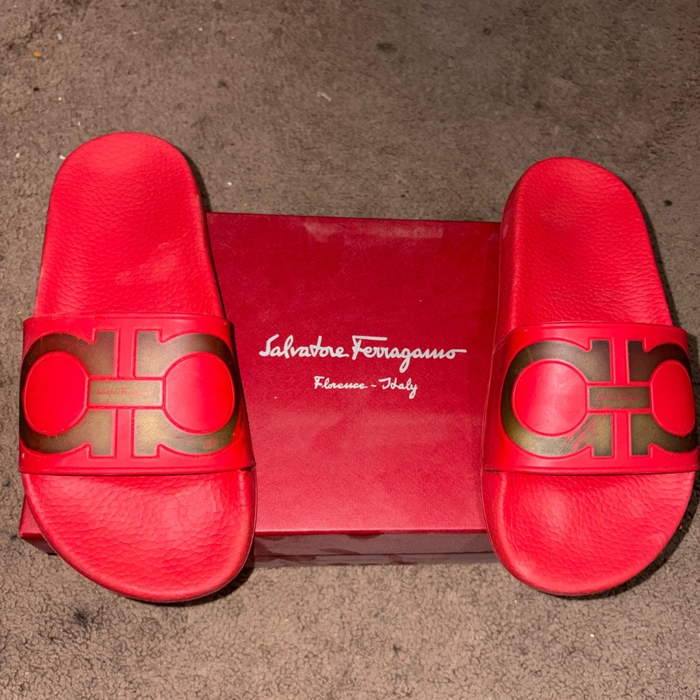 Salvatore Ferragamo Red Slide Sandals with Black-Gold Logo Accent